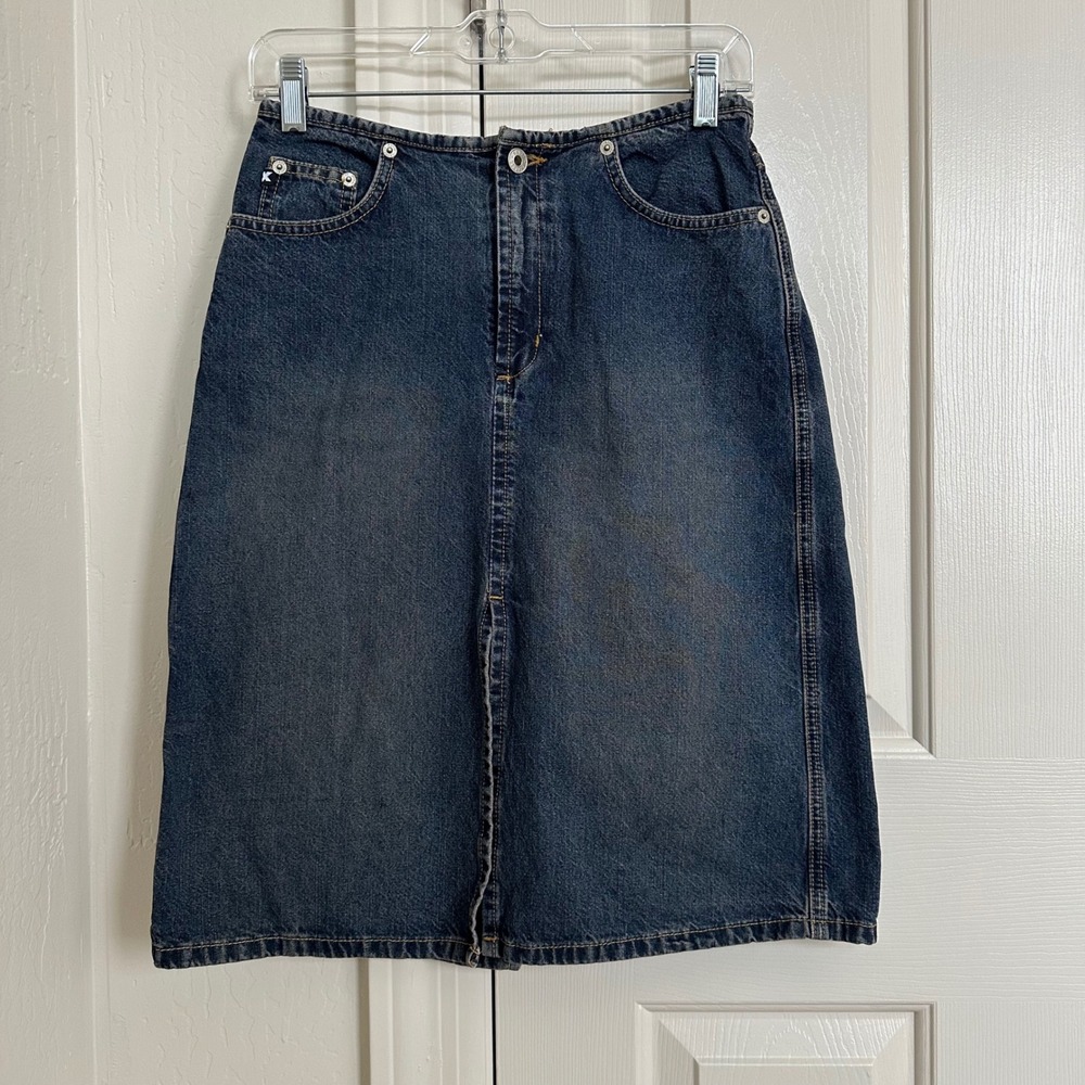 Vintage‎ Express Jeans Denim Midi Skirt - Y2K Dark Wash Front Back Slit - Sz 1/2
